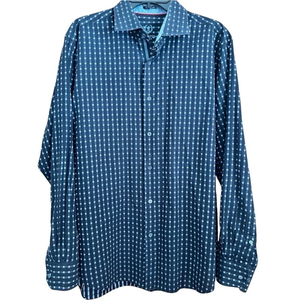 Bugatchi Uomo Classic Fit Navy Blue Print Button Down Size L
